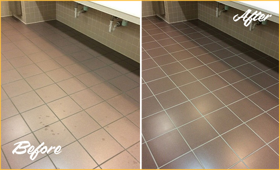 Before and After Picture of a Greater Carrollwood Restrooms Tile and Grout Cleaned to Remove Embedded Dirt