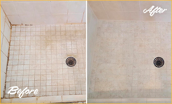 Before and After Picture of a Sun City Center Shower Caulked to Fix Cracks