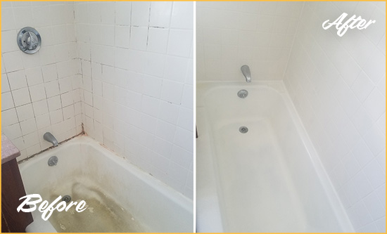 Before and After Picture of a Hunter's Green Bathtub Caulked to Repair Cracks