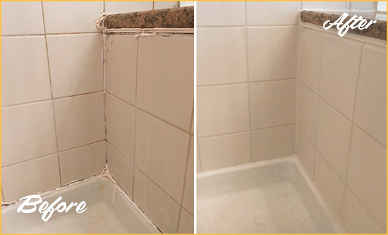Before and After Picture of a Ruskin Shower Caulked to Repair Damaged Caulking