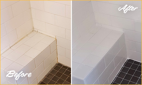 Before and After Picture of a Holiday Shower Seat Caulked to Protect Against Mold and Mildew Growth