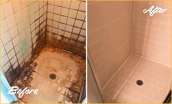 Before and After Picture of a Indian Shores Shower Caulked to Fix and Prevent Water Damage