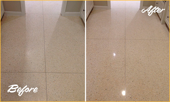 Before and After Picture of a Hunter's Green Granite Stone Floor Polished to Repair Dullness