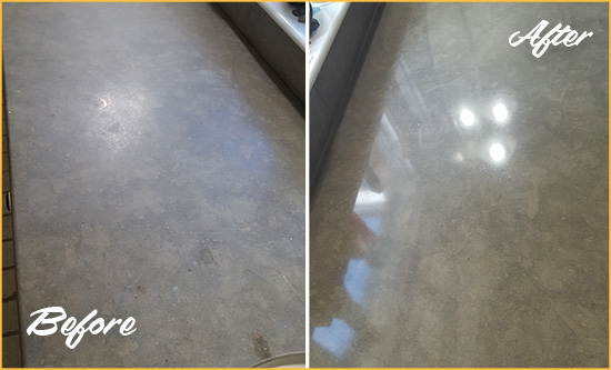 Before and After Picture of a Dull Avila Limestone Countertop Polished to Recover Its Color