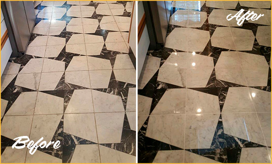Before and After Picture of a Dull Sun City Center Marble Stone Floor Polished To Recover Its Luster