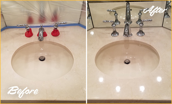 Before and After Picture of a Dull Belleair Marble Stone Vanity Top Polished to Bring-Back Its Sheen