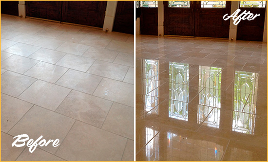 Before and After Picture of a Dull Sun City Center Travertine Stone Floor Polished to Recover Its Gloss
