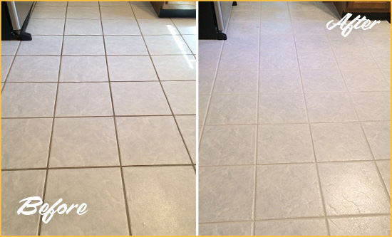 Before and After Picture of a Hunter's Green Kitchen Ceramic Floor Sealed to Protect From Dirt and Spills