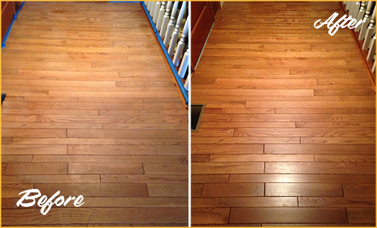 Before and After Picture of a Live Oak Preserve Wood Sand Free Refinishing Service on a Dull Hallway