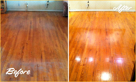 Before and After Picture of a Buckingham Wood Sand Free Refinishing Service on a Stained Floor