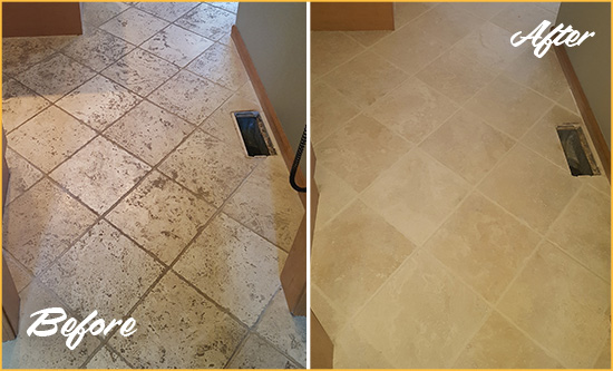 Before and After Picture of a Hunter's Green Kitchen Marble Floor Cleaned to Remove Embedded Dirt