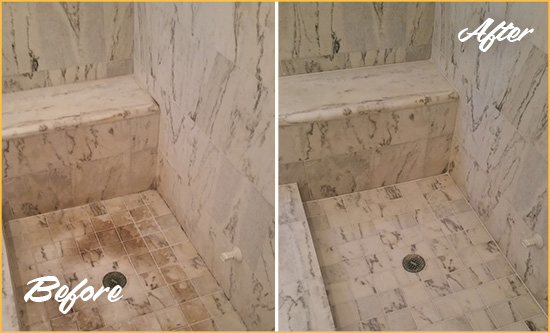 Before and After Picture of a Dirty Apollo Beach Marble Shower Cleaned to Eliminate Dark Stains