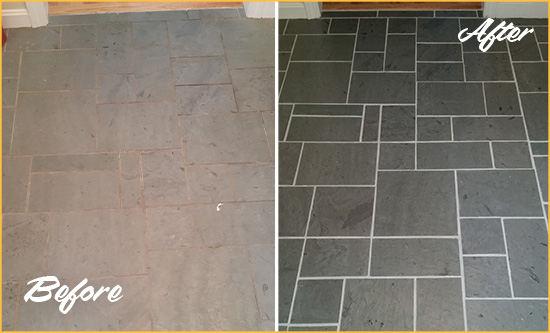 Before and After Picture of a Vista del Rio Slate Floor Cleaned to Remove Deep-Seated Dirt