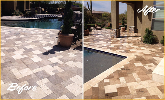 Before and After Picture of a Dull Hunter's Green Travertine Pool Deck Cleaned to Recover Its Original Colors