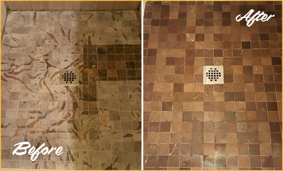Before and After Picture of a Stained Arbor Greene Marble Shower Floor Cleaned to Remove Etching
