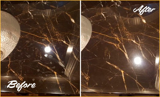 Before and After Picture of a Sun City Center Marble Countertop Cleaned to Remove Water Spots