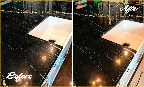 Before and After Picture of a Clearwater Marble Kitchen Countertop Stone Sealed to Avoid Water Damage