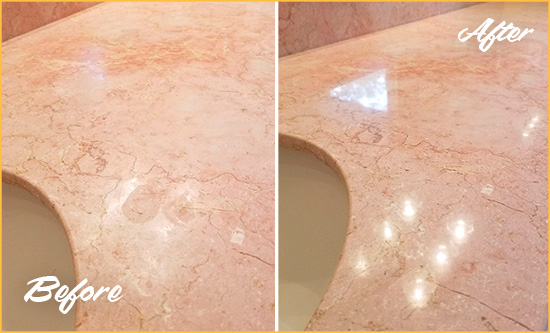Before and After Picture of a Cheval Marble Stone Vanity Top Sealed to Avoid Water Marks