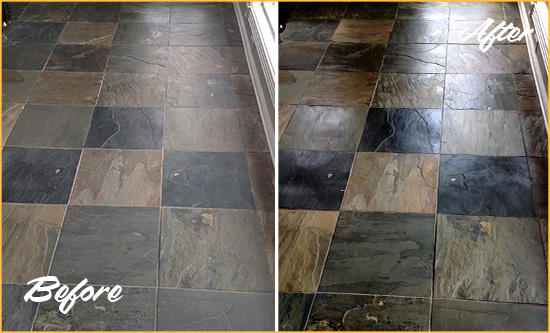 Before and After Picture of a Hudson Slate Stone Floor Sealed to Eliminate Dullness