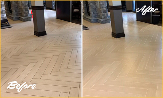 Before and After Picture of a Turkey Creek Hard Surface Restoration Service on an Office Lobby Tile Floor to Remove Embedded Dirt