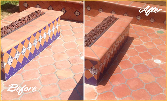 Before and After Picture of a Ruskin Hard Surface Restoration Service on a Dull Terracotta Patio Floor to Recover Its Color