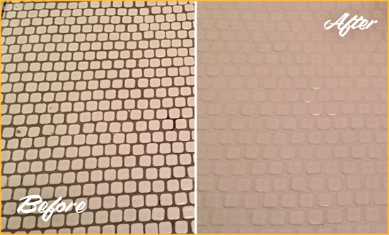 Before and After Picture of a Town n Country Hard Surface Restoration Service on a Bathroom Tile Floor Recolored to Fix Grout Color