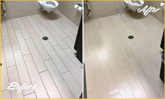 Before and After Picture of a Dade City Office Restroom's Grout Cleaned to Remove Dirt