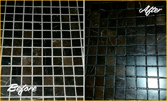 Before and After Picture of a Hammocks Black Floor with Recolored Grout