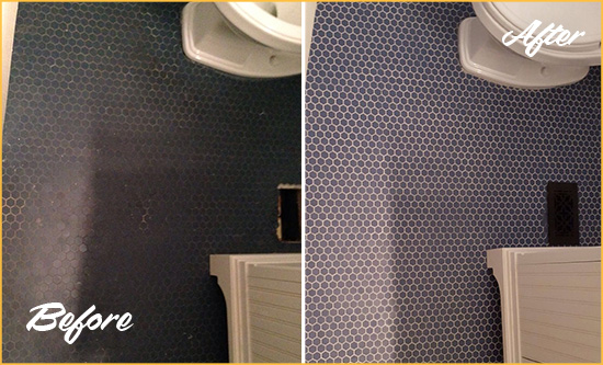 Before and After Picture of a Greater Carrollwood Blue Tile Floor Recolored Grout