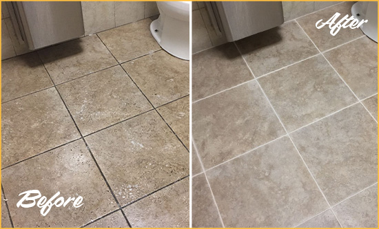 Before and After Picture of a Sun City Center Office Restroom Floor Recolored Grout