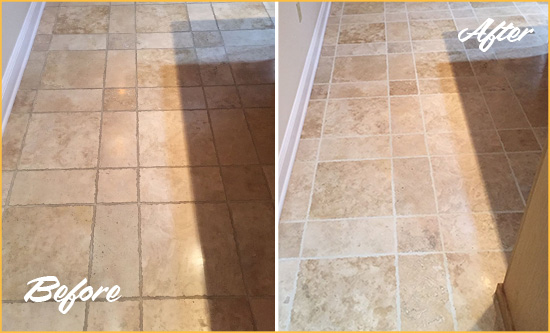 Before and After Picture of a Holiday Travertine Kitchen Floor Recolored Grout