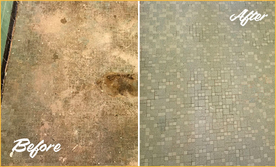 Before and After Picture of a Belleair Bluffs Mosaic Shower Cleaned to Eliminate Embedded Dirt