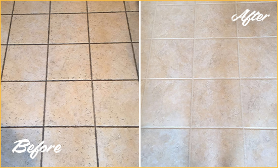 Before and After Picture of a Tarpon Springs Ceramic Floor Cleaned to Remove Soil