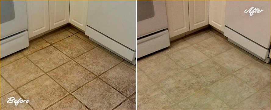 Before and After Picture of a Kitchen Floor Grout Cleaning Service in Tampa, FL