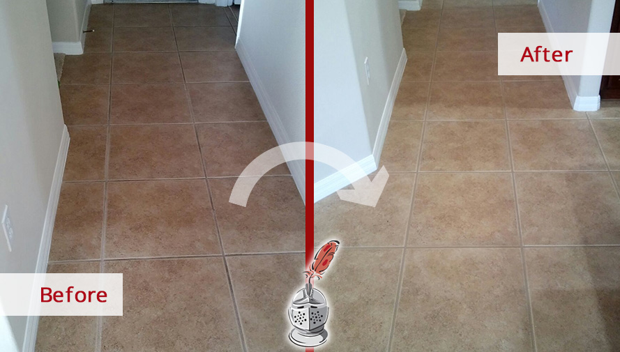 Before and After Picture of a Kitchen Floor Grout Cleaning Service in New Port Richey, Florida