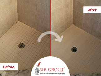 Before and After Picture of a Tile Shower Grout Cleaning in Palm Harbor, Florida