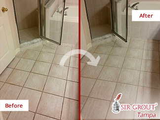 Before and After Picture of a Bathroom Floor Grout Cleaning in Tampa, Florida