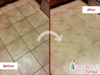 Before and After Picture of a Tile Floor Grout Sealing Job in Sun City Center, Florida