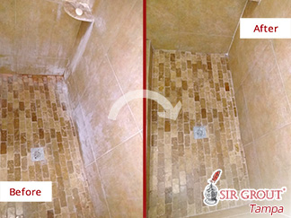 Before and After Picture of a Travertine Shower Floor Stone Cleaning Service in Land O' Lakes, Florida