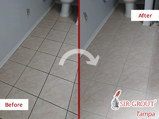 Before and After Picture of a Bathroom Floor Grout Sealing Service in Sun City Center, Florida