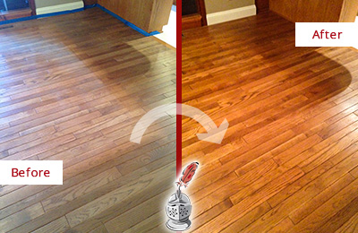 Sir Grout Refinished This Dull Citrus Park Wood Floor with a Sandless Refinishing Service to Recover Its Sheen Before and After Picture of a Citrus Park Wood Sandless Refinishing Service on a Dull Floor to Recover Its Sheen