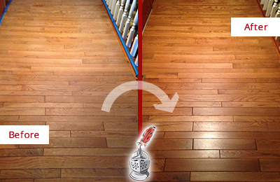 Sir Grout Refinished This Dull Citrus Park Hallway Floor with a Sandless Refinishing Service Before and After Picture of a Citrus Park Wood Sandless Refinishing Service on a Dull Hallway