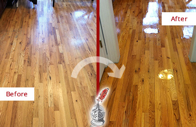 Sir Grout Refinished This Worn Out Citrus Park Hallway Floor with a Sandless Refinishing Service Before and After Picture of a Citrus Park Wood Sandless Refinishing Service on a Worn Out Hallway