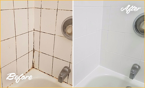 Before and After Picture of a Marble Bathroom Caulking on the Tub Joints