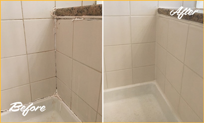 Before and After Picture of a Shower with Damaged Caulking Repaired with our Tile and Grout Services
