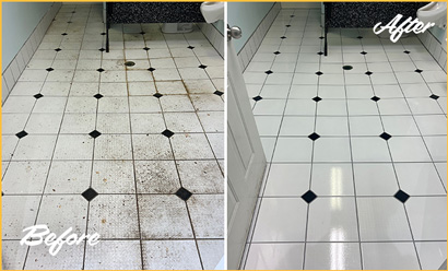 Restroom With Dark Grout Lines Before and Then Whitened Clean After Sir Grout's Restoration Services