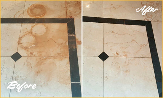 Picture of a Travertine Stone Floor Before and After Honing to Remove Rust Stains