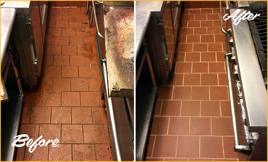 Before and After Picture of a Largo Restaurant Kitchen Tile and Grout Cleaned to Eliminate Dirt and Grease Build-Up