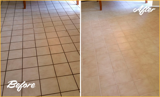 Before and After Picture of a Tarpon Springs Kitchen Tile and Grout Cleaned to Remove Embedded Dirt