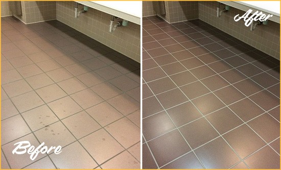 Before and After Picture of a Temple Terrace Restrooms Tile and Grout Cleaned to Remove Embedded Dirt